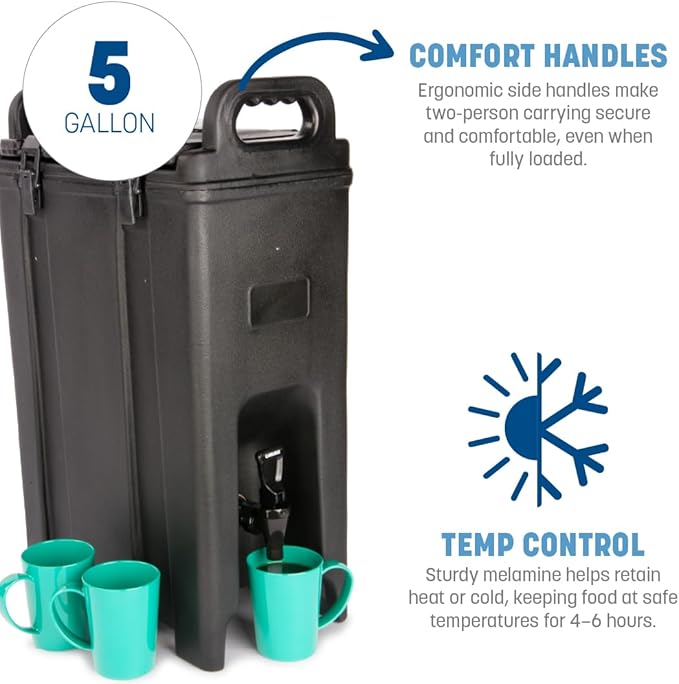 Carlisle FoodService Products Cateraide Insulated Beverage Dispenser with Handles for Catering, Events, Kitchens, And Restaurants, Plastic, 5 Gallons, Black