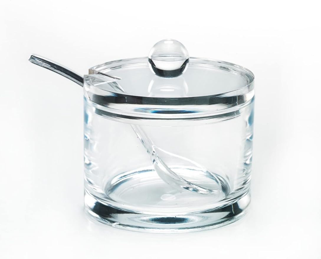 J&M DESIGN Clear Acrylic Sugar Bowl With Lid And Spoon For Coffee Bar Accessories, Cereal Bowls, Tea, Kitchen Countertop Canisters & Baking - 8 oz Container Jar Dispenser Holder - Dishwasher Safe