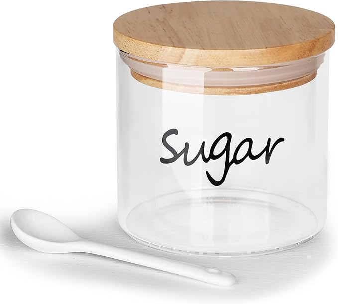 Clear Glass Sugar Bowl with Spoon and Silicone Sealing Lid, Farmhouse Kitchen Countertop Canisters, Container Jar Dispenser Holder for Kitchen,12 oz