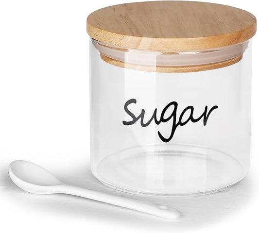Clear Glass Sugar Bowl with Spoon and Silicone Sealing Lid, Farmhouse Kitchen Countertop Canisters, Container Jar Dispenser Holder for Kitchen,12 oz