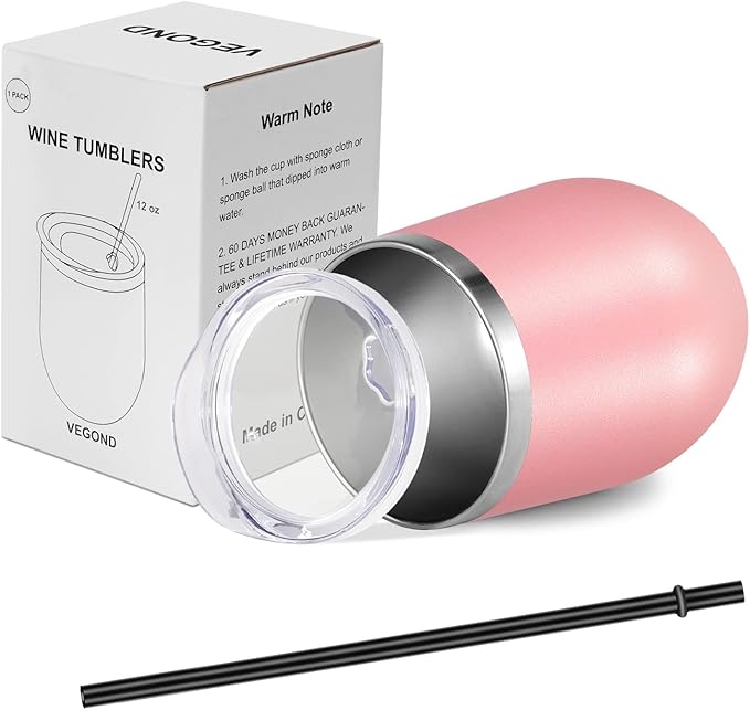 VEGOND 12oz Stainless Steel Wine Tumbler with Lid and Straw, Double Wall Vacuum Insulated Stemless Wine Glass Tumbler Cup, Coffee Mug for Cold Hot Drinks