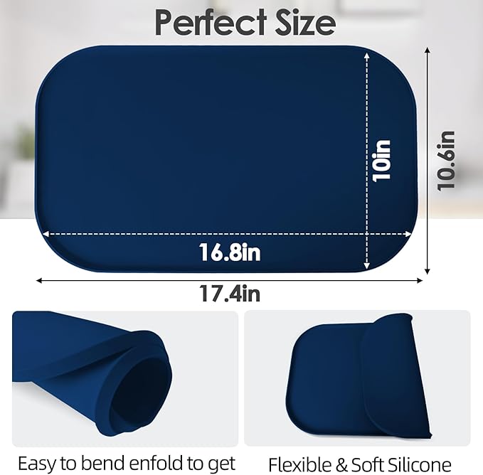 Silicone Coffee Maker Mat with Lip, 17.4'' x 10.6'' Heavy Duty Coffee Maker Mat for Countertops, Coffee Tray Fit Under Coffee Machine Appliance Automatic Machines Espresso Accessory, Navy Blue