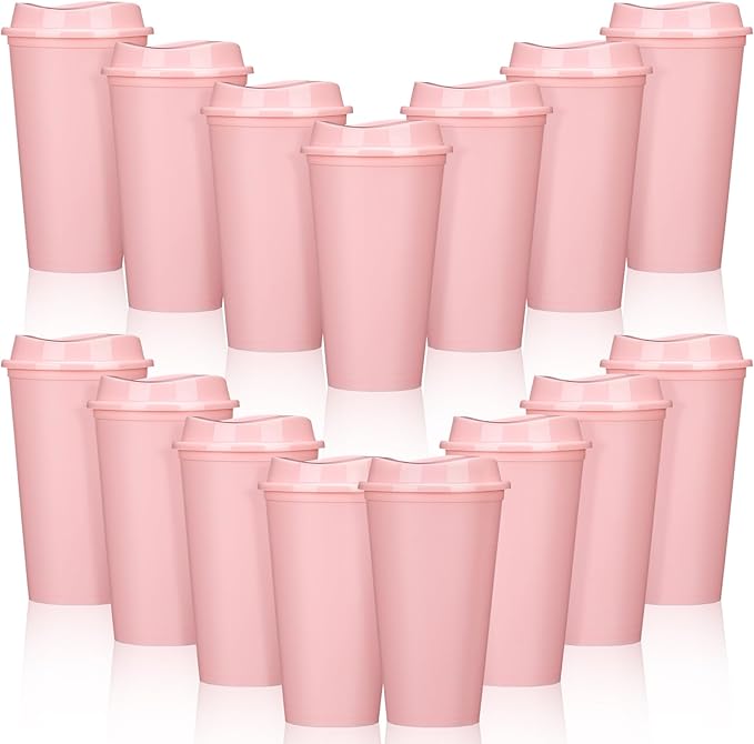 Domensi 15 Pack Reusable Coffee Cups with Lids 16 oz Disposable Travel Cups Bulk Plastic to Go Coffee Tumblers for DIY Hot Cold Drink Party Favors Coworker, Microwaveable (Pink)