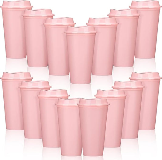 Domensi 15 Pack Reusable Coffee Cups with Lids 16 oz Disposable Travel Cups Bulk Plastic to Go Coffee Tumblers for DIY Hot Cold Drink Party Favors Coworker, Microwaveable (Pink)
