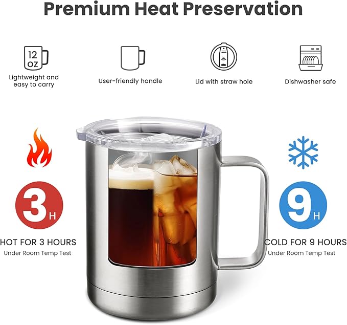 MEWAY 12oz Coffee Mug With Handle 4 Pack Bulk,Stainless Steel Insulated Travel Tumblers With Sliding Lid,Double Wall Vacuum Camping Cup for Hot & Cold Drinks Tea (Sliver,Set of 4)