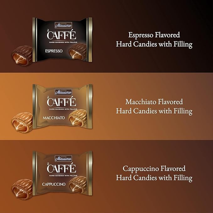 Maestro Massimo Coffee Candy with Center Filling, 3mg Caffeine per Candy, Individually Wrapped, Macchiato, Espresso, Cappuccino Flavored, 7.05 oz Bag - Pack of 1