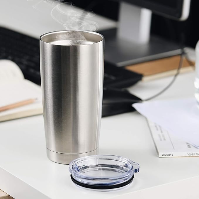 COMOOO 20oz Double Wall Vacuum Insulated Travel Mug, Stainless Steel Tumbler with Lid and Straw Durable Powder Coated Insulated Coffee Cup for Cold & Hot Drinks (Silver. 2 pack