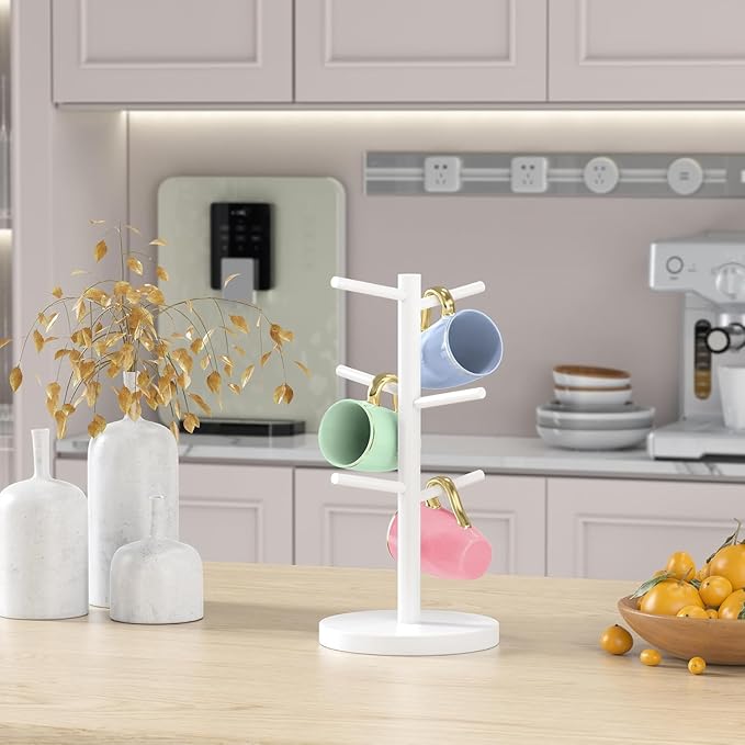 Wisuce Black Coffee Mug Tree Bamboo Mug Holder Coffee Cup Stand Mug Holders for Countertop Coffee Mug Rack Organizer Stand (White)