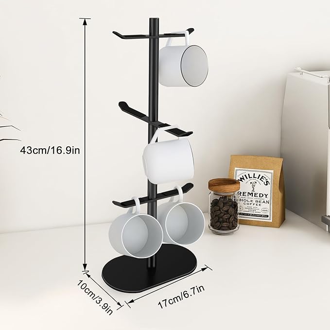 Cup Holder Tree with 6 Hooks, Metal Coffee Mug Rack Stand (Black)