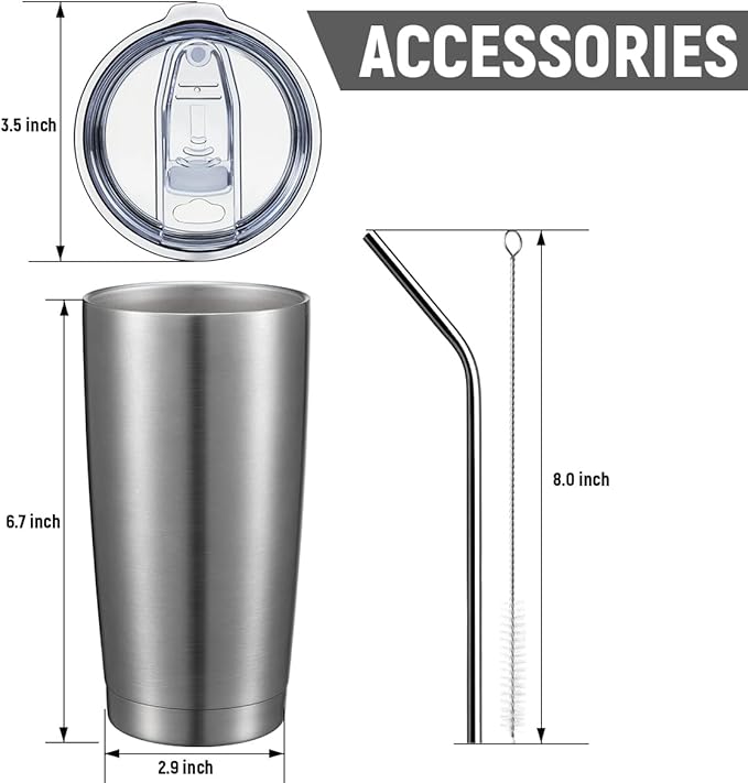 COMOOO 20oz Double Wall Vacuum Insulated Travel Mug, Stainless Steel Tumbler with Lid and Straw Durable Powder Coated Insulated Coffee Cup for Cold & Hot Drinks (Silver. 2 pack