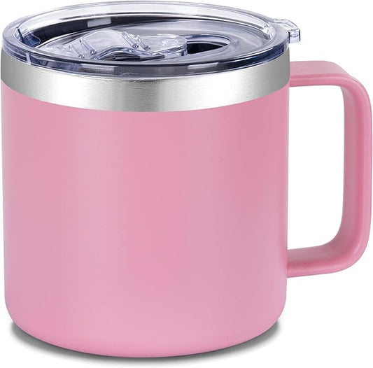 VEGOND 14 oz Insulated Coffee Mug with Handle, Stainless Steel Travel Coffee Mug with Lid, Double Wall Vacuum Metal Coffee Cup, Coffee Tumbler Powder Coated, Pink 1 Pack