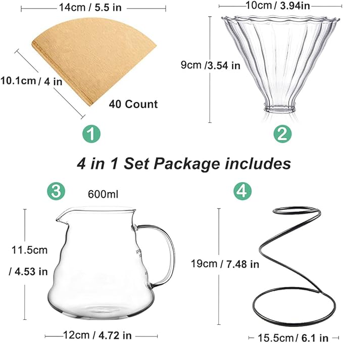 Pour Over Coffee Maker Set – Includes Glass Coffee Dripper, Metal Dripper Stand, Heat Resistance 600ml Coffee Server and 40 Count Paper Coffee Filters, 4 in 1 Set for Home or Office (Black Set)