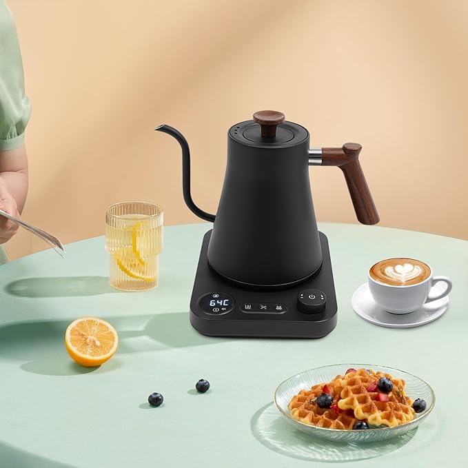 Electric Gooseneck Kettle Temperature Control Stainless Steel Water Kettle For Pour-Over Coffee & Tea Brewing, Quick Heating, Insulation Timer, 1200w 0.9l Black