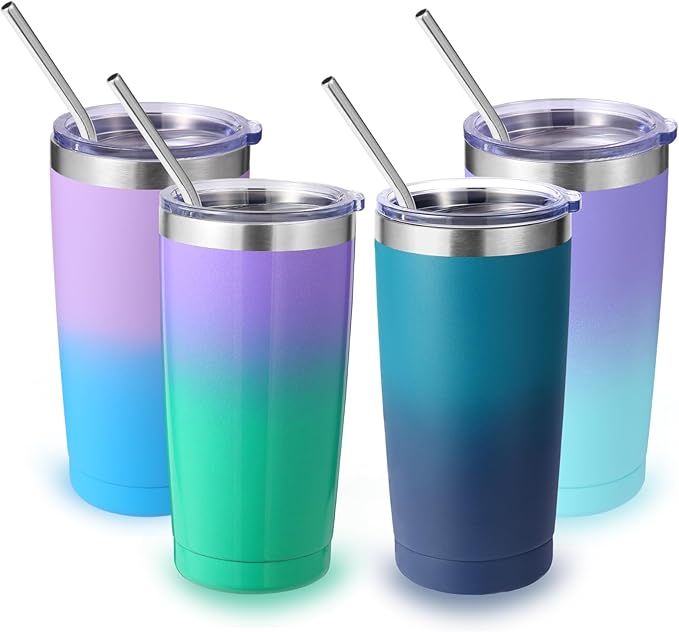 Volhoply 20oz Stainless Steel Tumbler with Lid and Straw Bulk 4 Pack,Double Wall Insulated Travel Iced Coffee Mug Fits Cup holder,Powder Coated Cups for Hot/Cold Drinks,Gifts for Women（Assorted,4 Set）