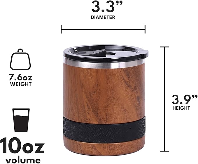 Elemental Recess Lowball Tumbler, 10oz Triple Wall Stainless Steel Cup with Non-Shattered Tritan Lid, Insulated Whiskey Glass, Insulated Coffee Tumbler Mug for Hot & Cold Drinks - Teak Wood