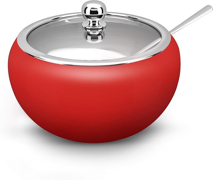 KooK Stainless Steel Sugar Bowl with Lid and Spoon, Serving Dish, Clear Glass Lid, Storage for Salt, Candy, Coffee, Holds 2 Cups, Dishwasher Safe, 16 oz Matte Rose