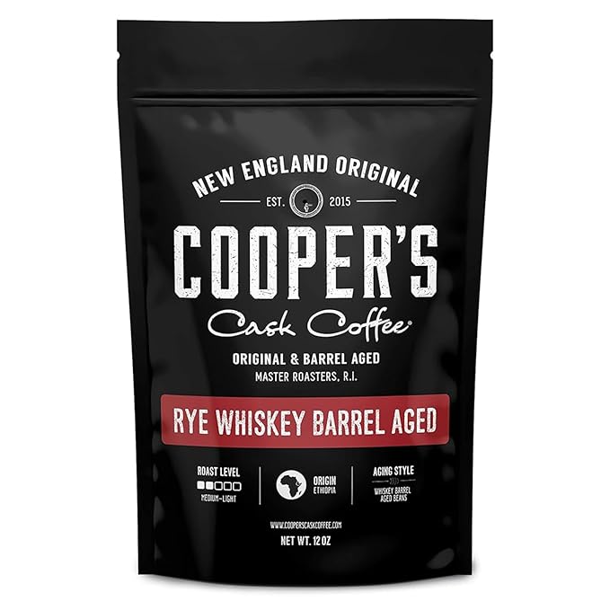 Rye Whiskey Barrel Aged Coffee, Single-Origin Ethiopian Beans Aged in Rye Whiskey Barrels, Medium Light Roast Whole Bean, 12 oz