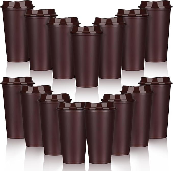 Domensi 15 Pack Reusable Coffee Cups with Lids 16 oz Disposable Travel Cups Bulk Plastic to Go Coffee Tumblers for DIY Hot Cold Drink Party Favors Coworker, Microwaveable (Brown)