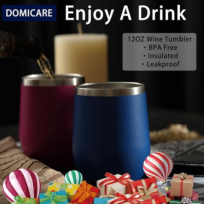 DOMICARE Stainless Steel Wine Tumbler Bulk with Lid, Personalized Insulated Tumblers Set, 12oz Travel Coffee Cups Pack of 16, Dark Blue