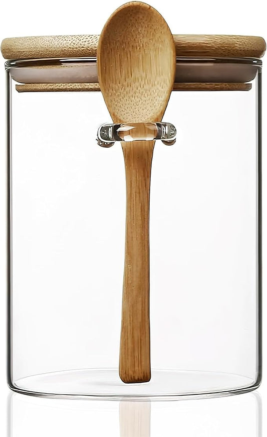 15 oz/450 ml Glass Storage Canister with with Airtight Lid, Cute Clear Decorative Container Jar with Wooden Spoon for Coffee Spice Candy Salt Cookie Condiment Sugar Matcha Tea Overnight Oats