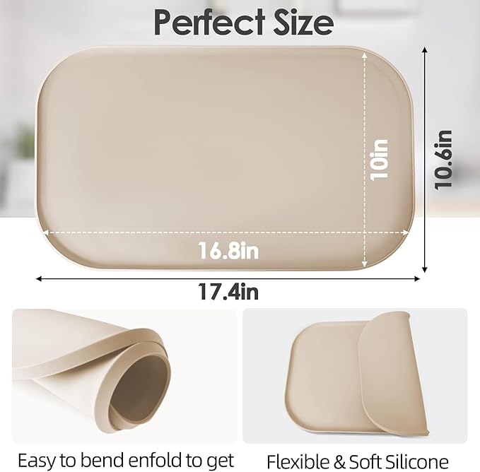 TOHONFOO Silicone Coffee Maker Mat with Lip, 17.4'' x 10.6'' Heavy Duty Coffee Maker Mat for Countertops, Coffee Tray Fit Under Coffee Machine Appliance Automatic Machines Espresso Accessory, Khaki