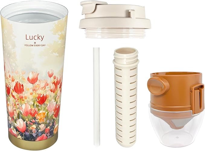 17oz Camping Coffee Makers with Ceramic Coating,Camp Pour Over Coffee Maker Set,Double Wall Vacuum Leak-Proof Mug for Office School Party Camping,Tea Infuser Mug for Loose Leaf Tea (17oz Lucky Tulip)