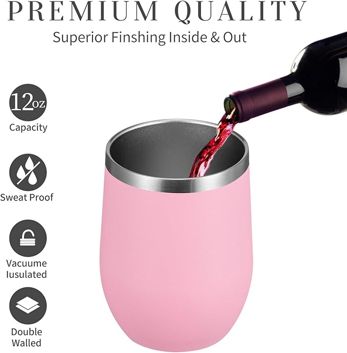 MEWAY 12oz Wine Tumbler 16 Pack Bulk Gifts for Women,Double Wall Vacuum Stainless Steel Travel Mug with Lid,Insulated Stemless Wine Cup Glass for Coffee,Cocktails,Drinks(Pink,Set of 16)
