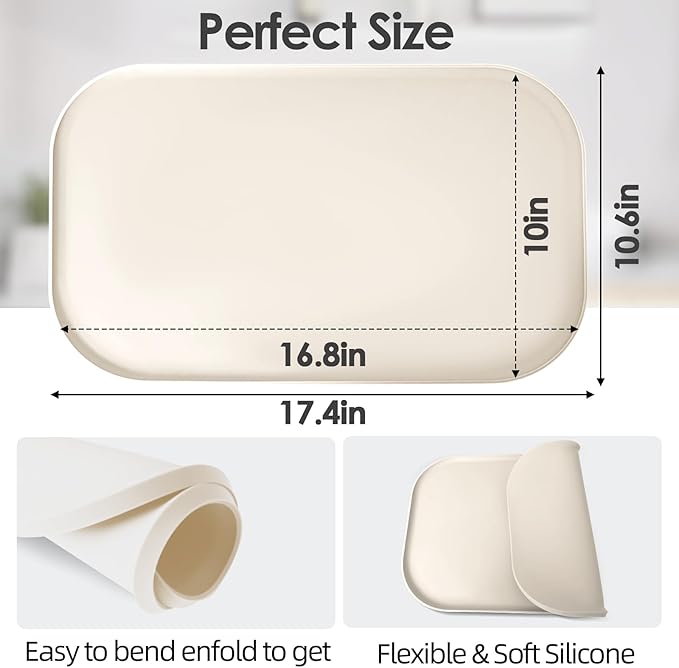 Silicone Coffee Maker Mat with Lip, 17.4'' x 10.6'' Heavy Duty Coffee Maker Mat for Countertops, Coffee Tray Fit Under Coffee Machine Appliance Automatic Machines Espresso Accessory, Cream White