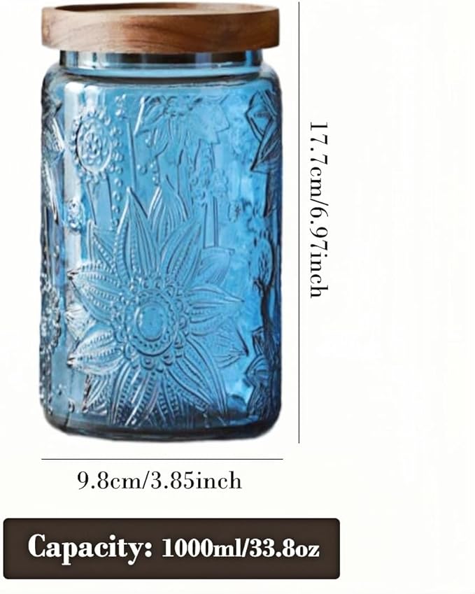ANSQU Vintage Glass Jar with Solid Wood Lid, 34 FL OZ Blue Sunflower Decorative Jar, Glass Food Storage Container for Coffee, Tea Bags, Nuts, Sugar, Jam, Pet Food (Blue, 1 Pack)