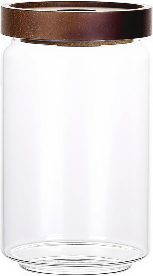 720ML/24Oz Clear Cute Glass Storage Canister Holder with Stackable Airtight Wood Lid, Modern Decorative Container Jar for Coffee, Spice, Candy, Salt, Cookie, Condiment, Pepper, Sugar