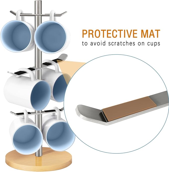 Mug Holder Tree, Coffee Cup Holder for Countertop, 6 Hooks Mug Tree, Coffee Mug Rack, Metal Mug Stand(Brushed Nickel)