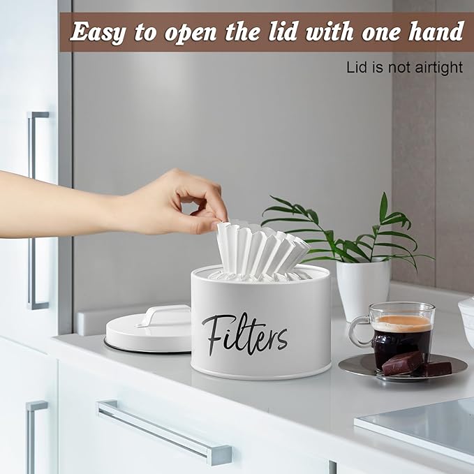 DRASTAR Coffee Filter Holder, Filter Storage with Lid for Counter, Storage Basket Container for Coffee Bar Accessories Decor, White