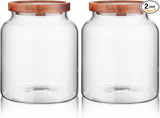 Labina Glass Storage Container Airtight Food Jars Kitchen Canister with Wood Lids, 60 Oz Wide Mouth Pantry Organization Glass Jar for Flour, Sugar, Cookie, Spagetti, Nuts and Candy (2 Pack)