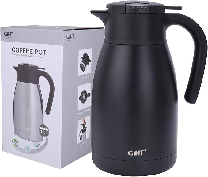 GiNT 51Oz Stainless Steel Thermal Coffee Carafe with Lid/Double Walled Vacuum Thermal Carafe / 12 Hour Heat Retention (Black, 1.5L)