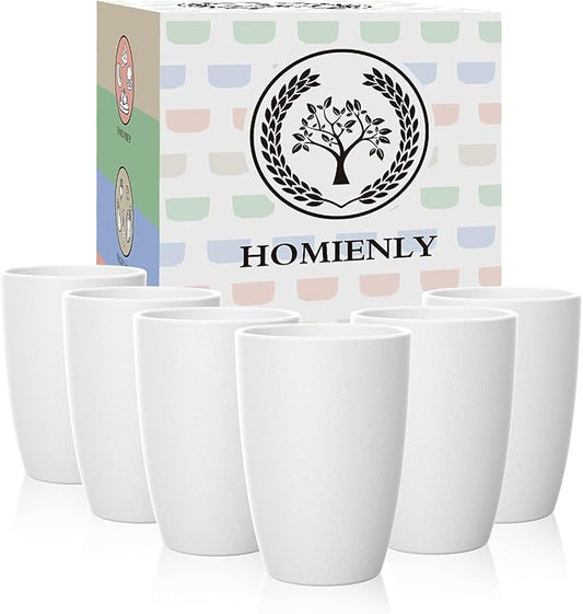 Homienly Wheat Straw Drinking Glasses, 12 OZ Alternative to Plastic Cups Set of 6, Reusable Drinking Cups for Kitchen, Outdoor, Unbreakable Lightweight Water Tumblers, Dishwasher Safe Cup Set(White)
