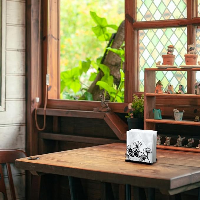 Modern Ginkgo Leaves Decorative Black Metal Napkin Holder for Table, 4.9" x 4.9" x 1.9" Standing Napkin Holder for Home Kitchen Restaurant Picnic Party Coffee Bar Dining Room