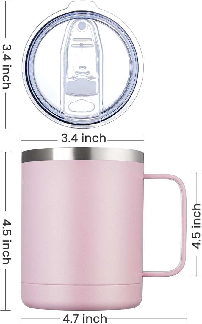 MEWAY 12oz Coffee Mug With Handle and Sliding Lid,Stainless Steel Travel Tumbler Cup with Handle,Double Wall Vacuum Insulated Camping Cup for Hot & Cold Drinks Tea (Pink,Set of 1)