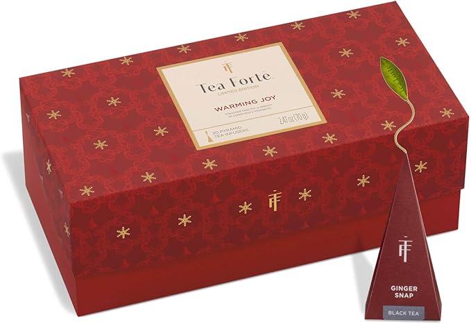 Tea Forte Warming Joy Holiday Premium Presentation Box Gift Set Sampler, 20 Count, 4 of Each Blend Individually Wrapped Handcrafted Pyramid Infuser Bags