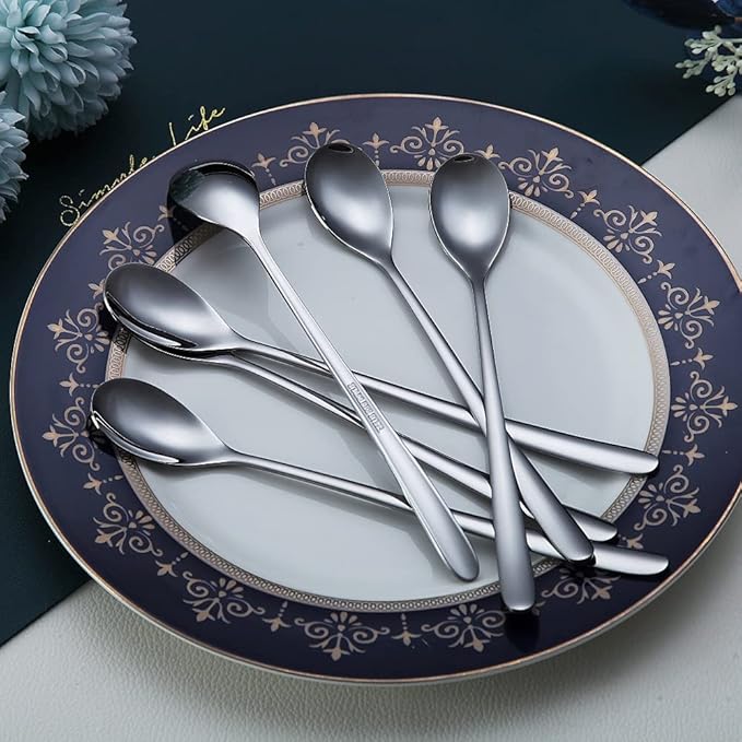 Premium Stainless Steel Coffee Stirrer Set, Long Handle, Ice Tea & Cream Spoons, Cocktail Stirrer - Set of 6 (Silver)