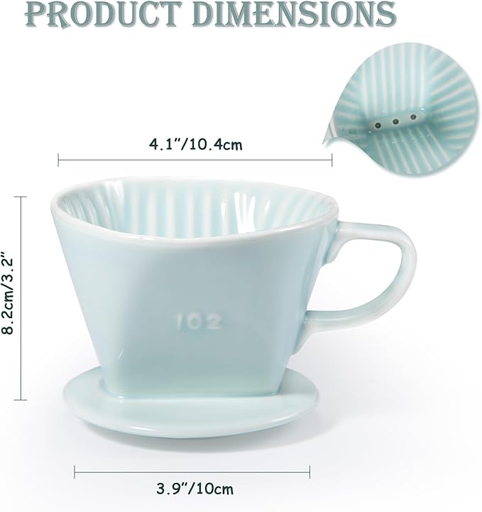 Pour Over Coffee Dripper, Ceramic Pour Over Coffee Maker with 3 Holes Flat Bottom, Easy Manual Brew Maker, Porcelain Slow Filter Cone for Travel, Camping, Office, Home, GR