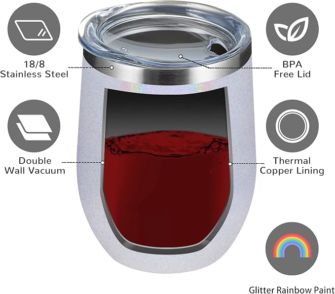 MEWAY 12oz/4 Pack Wine Tumbler Glasses with Lid - Stemless Double Wall Vacuum Stainless Steel Glitter Tumbler - Keeping Cold & Hot Cup for Coffee,Gift for Women(Rainbow White,Set of 4)