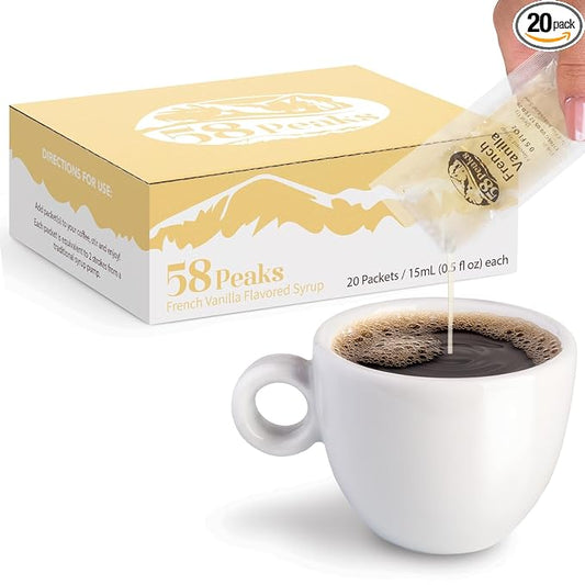 58Peaks French Vanilla Flavored Syrup Sweetener Packets for Hot and Cold Drinks | To-Go Syrup Flavoring Perfect for Coffee, Tea, Milkshake and More | Flavored Coffee Syrups for Travel | 15mL | 20-Pack
