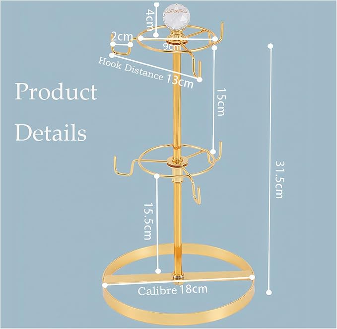 Coffee Mug Tree Holder for Counter,Double Tier Mug TeaCup Metal Holders Countertop,Golden Coffee Mug Tea Cup Stand Rack for Counter Top 6 Hooks(Gold,Crystal Ball)