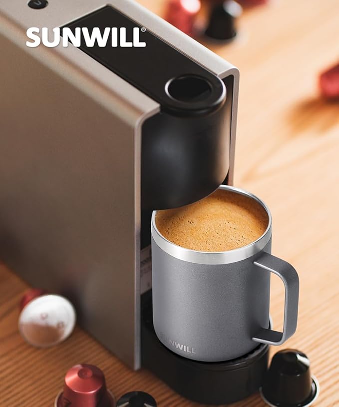 SUNWILL Travel Coffee Mug with Lid, Insulated Tumbler with Handle, 14 oz Stainless Steel Cup for Ice, Water, Tea, Powder Coated Cool Grey