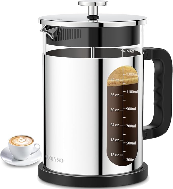 QUQIYSO French Press Coffee Maker 51oz 304 Stainless Steel French Press with 4 Filter, Borosilicate Glass Coffee Press
