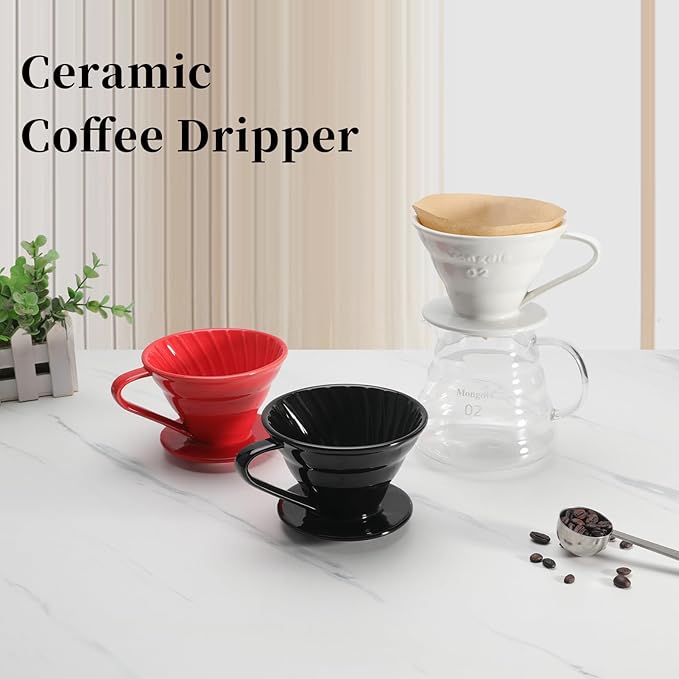 Mongdio V60 Ceramic Pour Over Coffee Dripper, Reusable Porcelain Portable Pour Over Coffee Maker, Slow Brewing Accessories with 1 Holes for Home - Size 01 Black