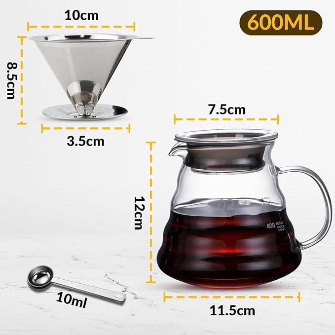 CASA BRAVA Glass Pour Over Coffee Maker Set – 28oz (850ml) Heat-Resistant Carafe with Stainless Steel Reusable Dripper, Bamboo Stand & Measuring Spoon – Plastic-Free Drip Coffee Brewer