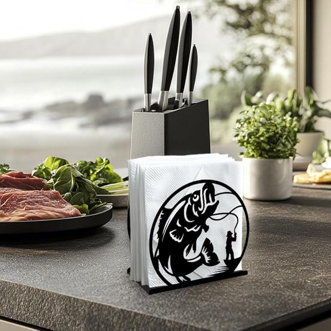 Fishing Decorative Black Metal Napkin Holder for Table, 5.3" x 4.9" x 1.9" Fisherman Fish Standing Napkin Holder for Home Kitchen Restaurant Picnic Party Coffee Bar Dining Room