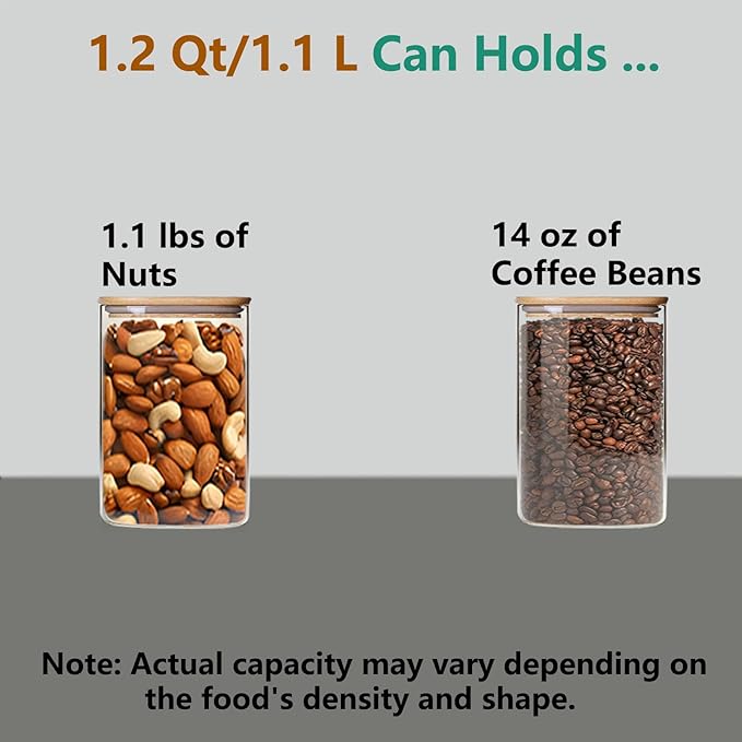 1.2 Qt Square Glass Storage Containers with Lids, glass jar with airtight lid, Glass Canister for Pantry Cookie Flour Cereal Rice Sugar Tea Coffee Beans Spice, Square Set of 4