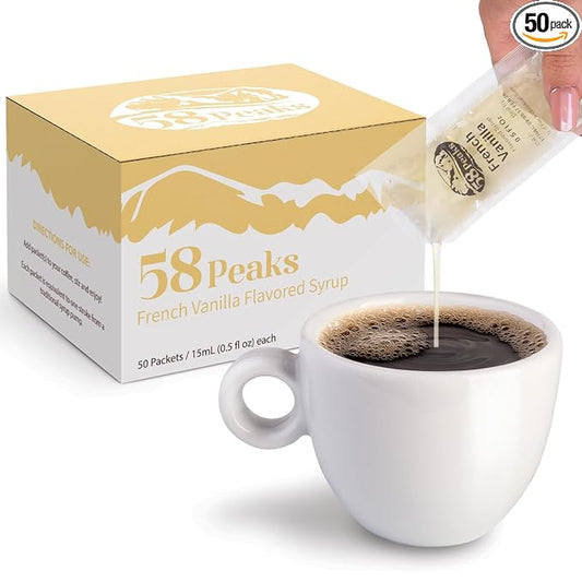 58Peaks French Vanilla Flavored Syrup Sweetener Packets for Hot and Cold Drinks | To-Go Syrup Flavoring Perfect for Coffee, Tea, Milkshake and More | Flavored Coffee Syrups for Travel | 15mL | 50-Pack